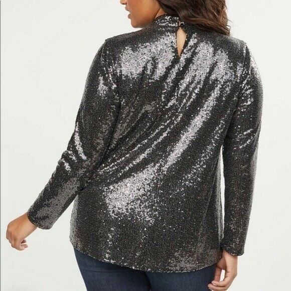 Lane Bryant Plus Size 14‎ Cocktail Party Black Sequin Mock Neck Long Sleeve Top - Picture 4 of 9